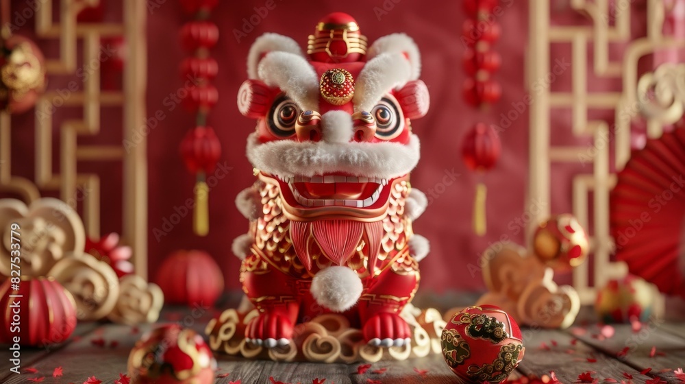A red and gold Chinese lion statue with a white background A red and gold Chinese lion statue with a white background