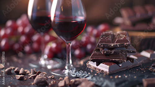 Exquisite Wine and Chocolate Pairing: High Resolution Image Showcasing Rich Flavors and Indulgence with Glossy Backdrop in Photo Stock Concept