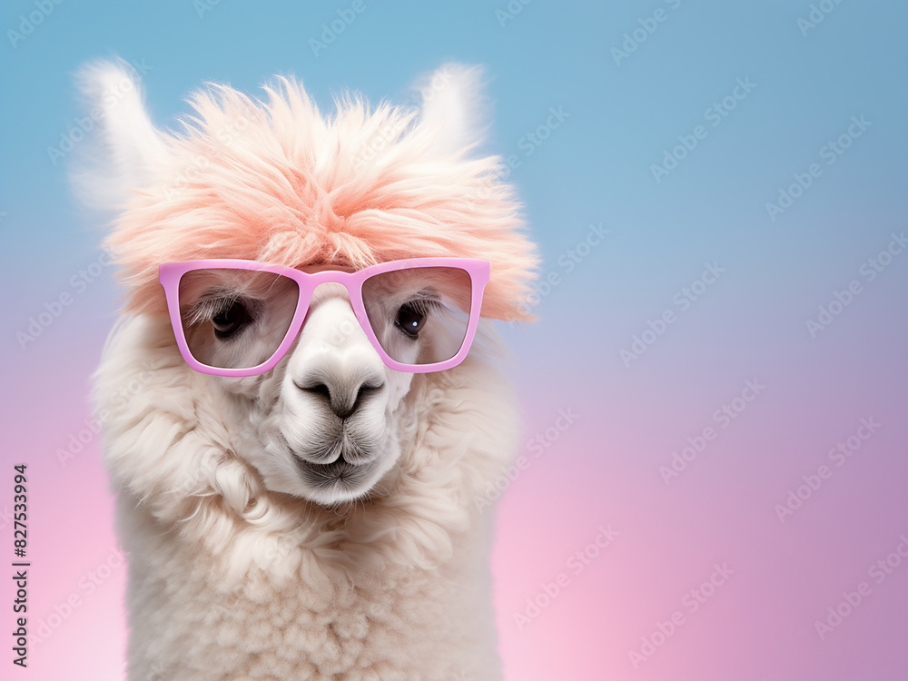 The charm of a playful alpaca shines through as it sports trendy sunglasses against soft hues
