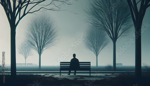 concept of sadness, featuring a solitary figure sitting on a bench in a desolate park. The muted colors, bare trees, and cloudy sky enhance the feeling of loneliness and melancholy.