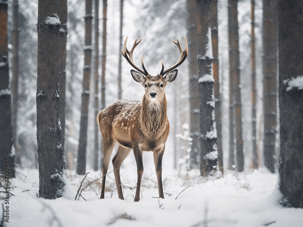 In a winter forest, a deer stands before a field blanketed in snow In a winter forest, a deer stands before a field blanketed in snow