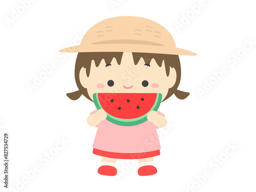 スイカを食べる女の子、夏の子どものベクターイラスト