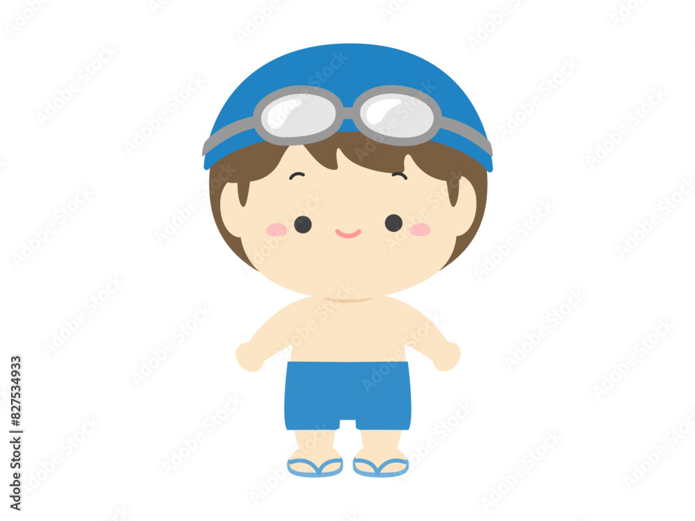 水着を着て帽子をかぶりゴーグルをつけた男の子、夏休みの子どものイラスト素材