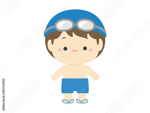 水着を着て帽子をかぶりゴーグルをつけた男の子、夏休みの子どものイラスト素材