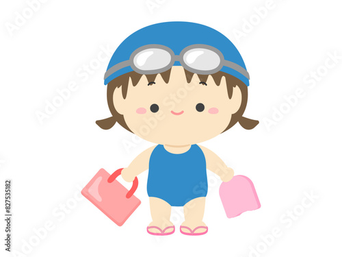 ビート板とカバンを持った水着の女の子、夏休みの子どものイラスト素材