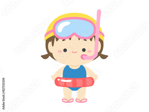 シュノーケルをつけて浮き輪を持った水着の女の子夏休みの子どものイラスト素材