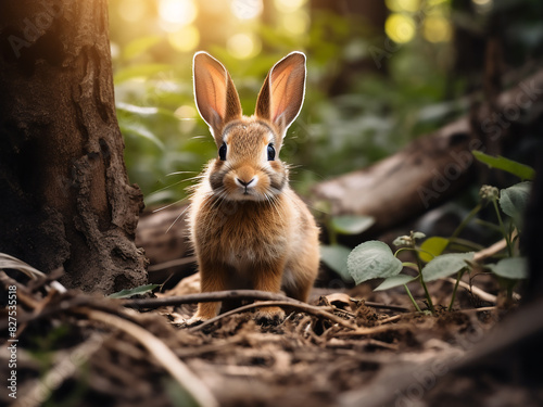 Forest dweller Amidst the woods  a small brown rabbit stands