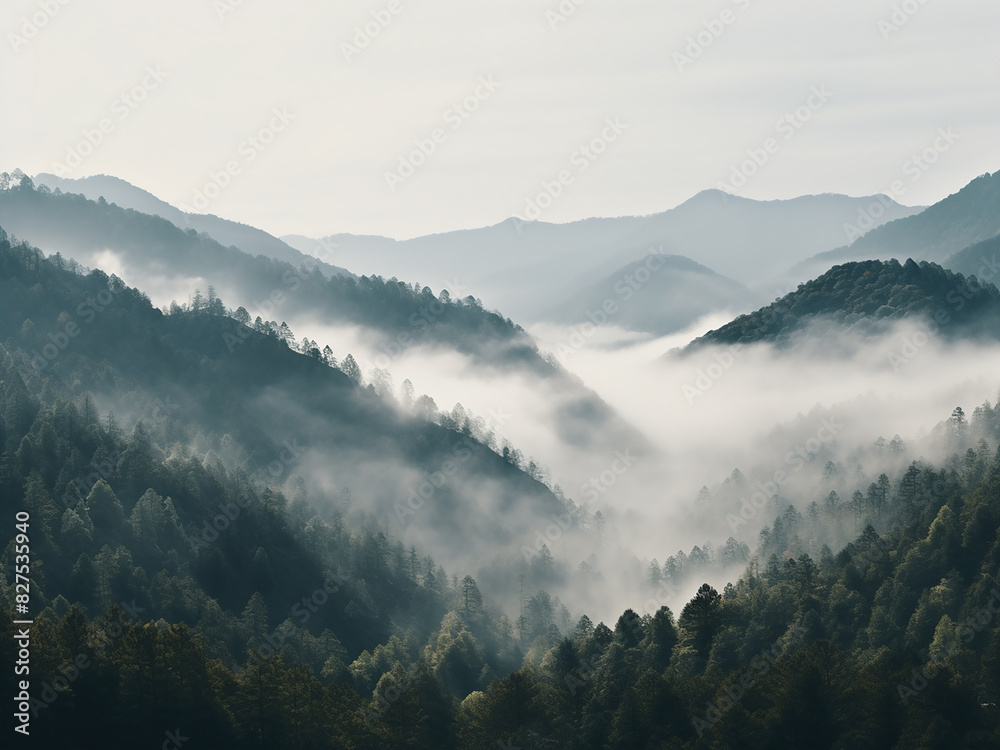 Fog envelops wide-angle view of mountains