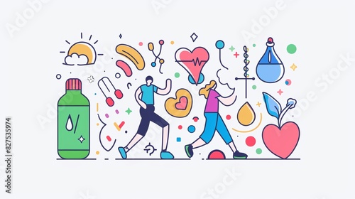 Community health fair for active lifestyle and eating balance outline concept, transparent background. Social care for diet nutrition and sport exercise significance illustration © Екатерина Чумаченко