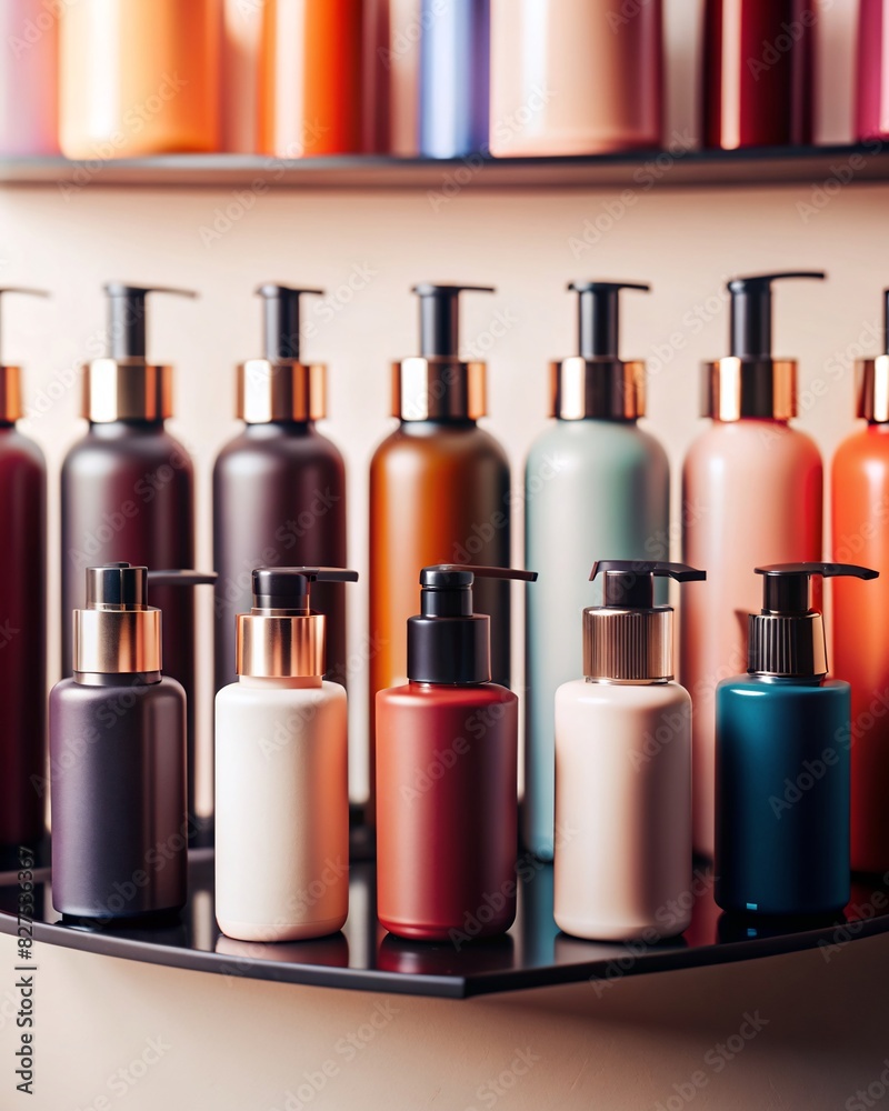 A captivating array of hair care cosmetics elegantly displayed on a store shelf. The collection, featuring various bottles of different sizes and designs. A captivating array of hair care cosmetics elegantly displayed on a store shelf. The collection, featuring various bottles of different sizes and designs.