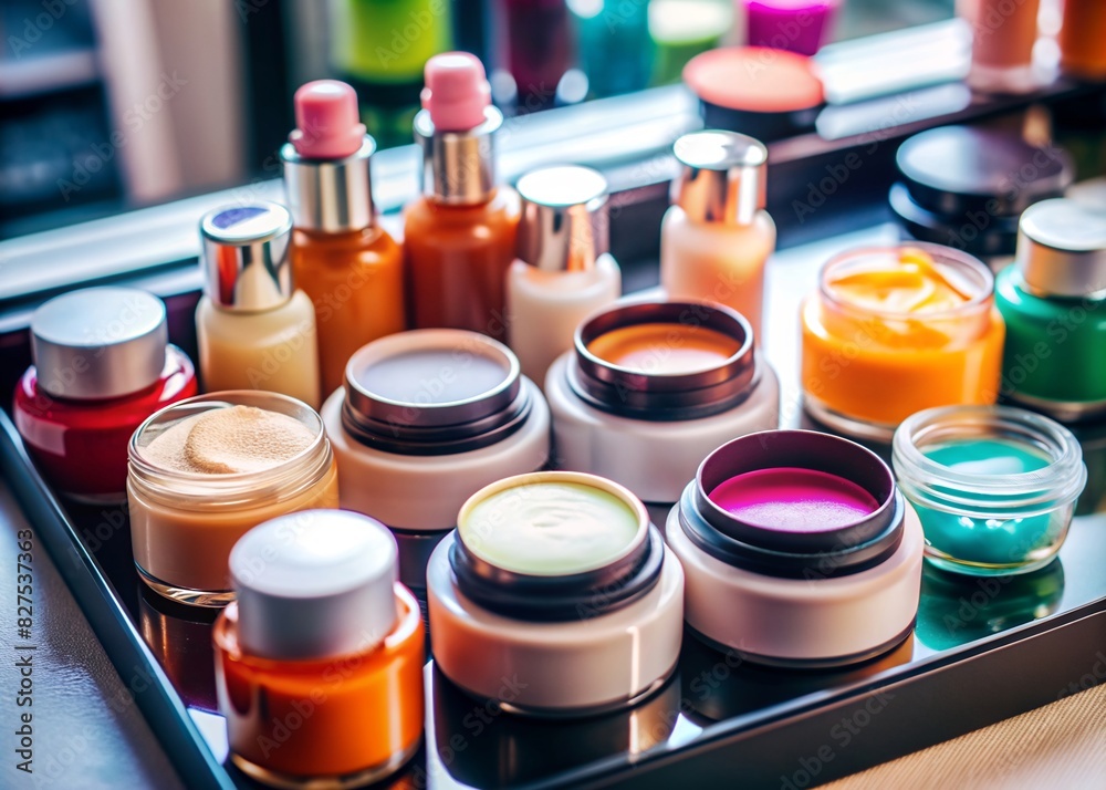 A captivating display of facial skincare products at a cosmetics store. The stand, filled with an array of bottles and jars, offers a multitude of choices for skin health and beauty. A captivating display of facial skincare products at a cosmetics store. The stand, filled with an array of bottles and jars, offers a multitude of choices for skin health and beauty.