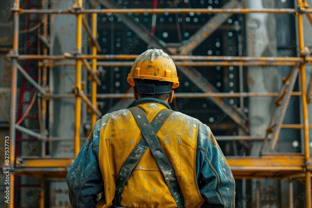 Back view of a construction worker in a yellow hard hat at a scaffolded construction site Back view of a construction worker in a yellow hard hat at a scaffolded construction site