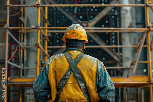 Back view of a construction worker in a yellow hard hat at a scaffolded construction site