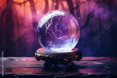 Crystal ball with swirling mist, highlighting divination copy space, theme of prophecy, vibrant, composite, mystical backdrop