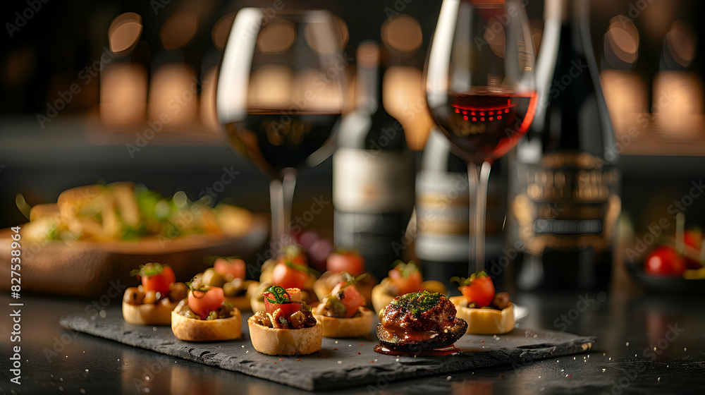 Wine Pairing with Tapas: High Resolution Image Featuring Photo Realistic Concept of Diverse and Flavorful Small Plates of Tapas Paired with Wine on Glossy Backdrop for Adobe Stock