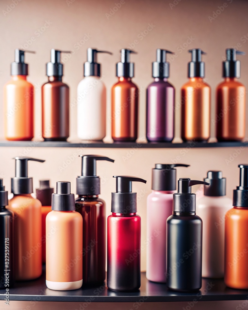 A captivating array of hair care cosmetics elegantly displayed on a store shelf. The collection, featuring various bottles of different sizes and designs.