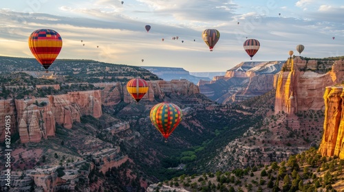 Hot air balloon rises very high in blue sky above white clouds, bright sun shines. A group of hot air balloons flying over a canyon. High quality photo