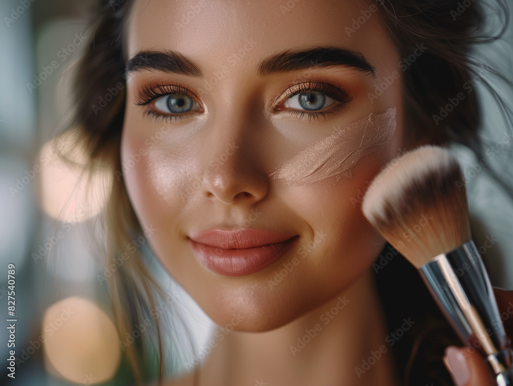 A young woman with radiant skin applies foundation to her cheek using a makeup brush A young woman with radiant skin applies foundation to her cheek using a makeup brush