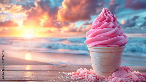 strawberry ice cream on wooden desk with beautiful sky background photo
