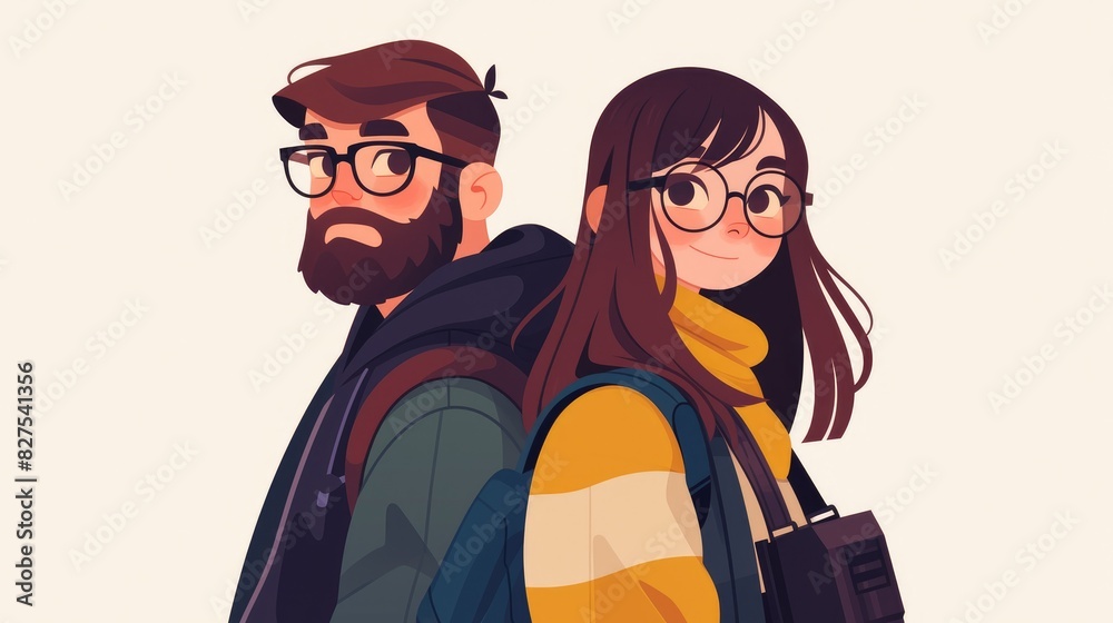 A trendy young couple with the guy sporting a bearded hipster look complete with stylish eyeglasses and a camera are depicted together in this 2d illustration The artwork is presented in a A trendy young couple with the guy sporting a bearded hipster look complete with stylish eyeglasses and a camera are depicted together in this 2d illustration The artwork is presented in a