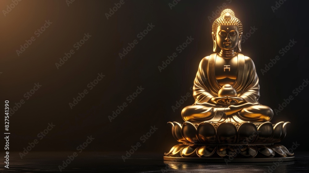 Golden buddha statue on lotus platform, realistic photo with dark background, serene symbol of peace Golden buddha statue on lotus platform, realistic photo with dark background, serene symbol of peace