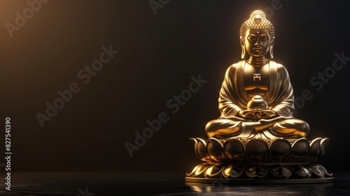 Golden buddha statue on lotus platform  realistic photo with dark background  serene symbol of peace