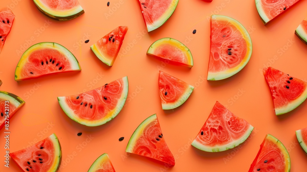 Bright orange background with slices of watermelon with seeds in a chaotic order. Fruit watermelon pattern Bright orange background with slices of watermelon with seeds in a chaotic order. Fruit watermelon pattern