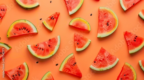 Bright orange background with slices of watermelon with seeds in a chaotic order. Fruit watermelon pattern