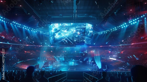A futuristic e-sports arena with players competing in a high-tech environment, high detail, vibrant and energetic, showcasing competitive gamin