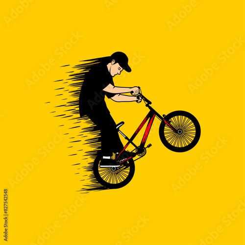 bmx bike freestyler lifts the front tire of his bike at high speed cartoon vector illustration