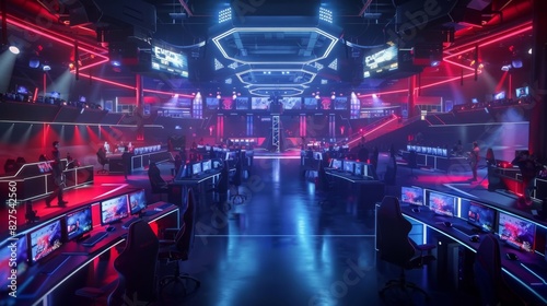 A futuristic e-sports arena with players competing in a high-tech environment, high detail, vibrant and energetic, showcasing competitive gaming --ar 16:9 --style raw
