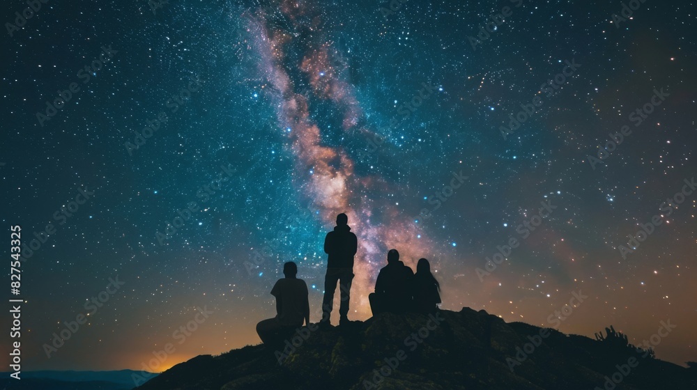 A group of friends stargazing on a hilltop, with a clear Milky Way visible above, awe-inspiring, high detail --ar 16:9 --style raw Job ID: ea23bfd2-ec31-4b8a-bf60-be3d2aecaabc