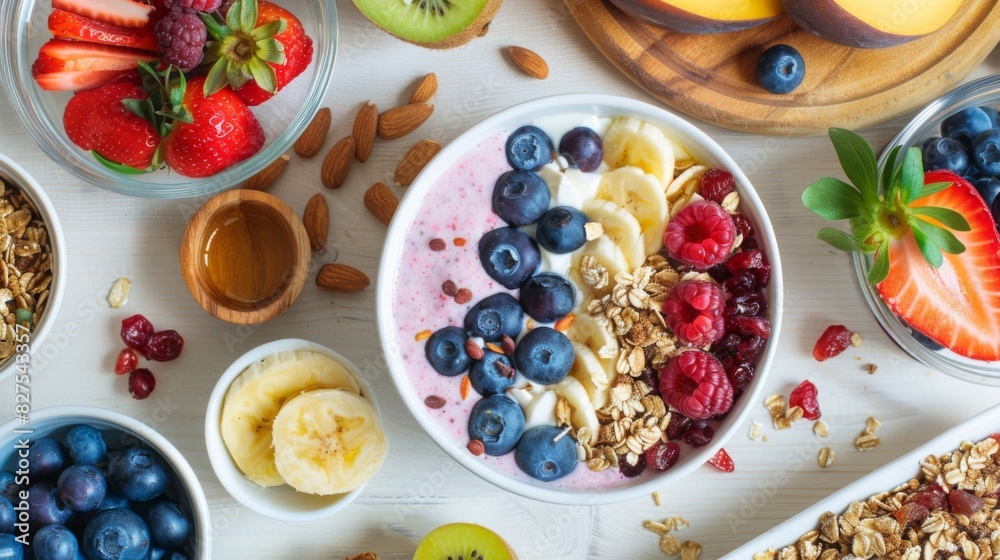 A healthy breakfast setup with a smoothie bowl, fresh fruits, and granola, highlighting nutritious eating habits  