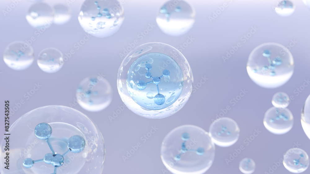3D rendering Cosmetics Blue Serum bubbles on defocus background. Collagen bubbles Design. Molecule inside a liquid bubble. Vitamin for health care and beauty concept. 