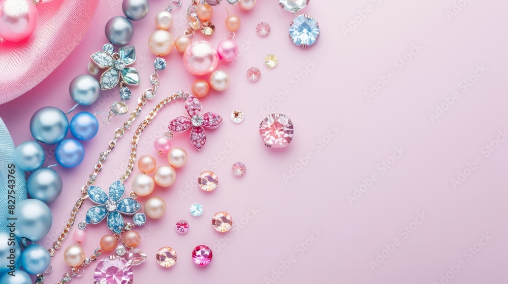 A pink background with a bunch of colorful beads and gems A pink background with a bunch of colorful beads and gems