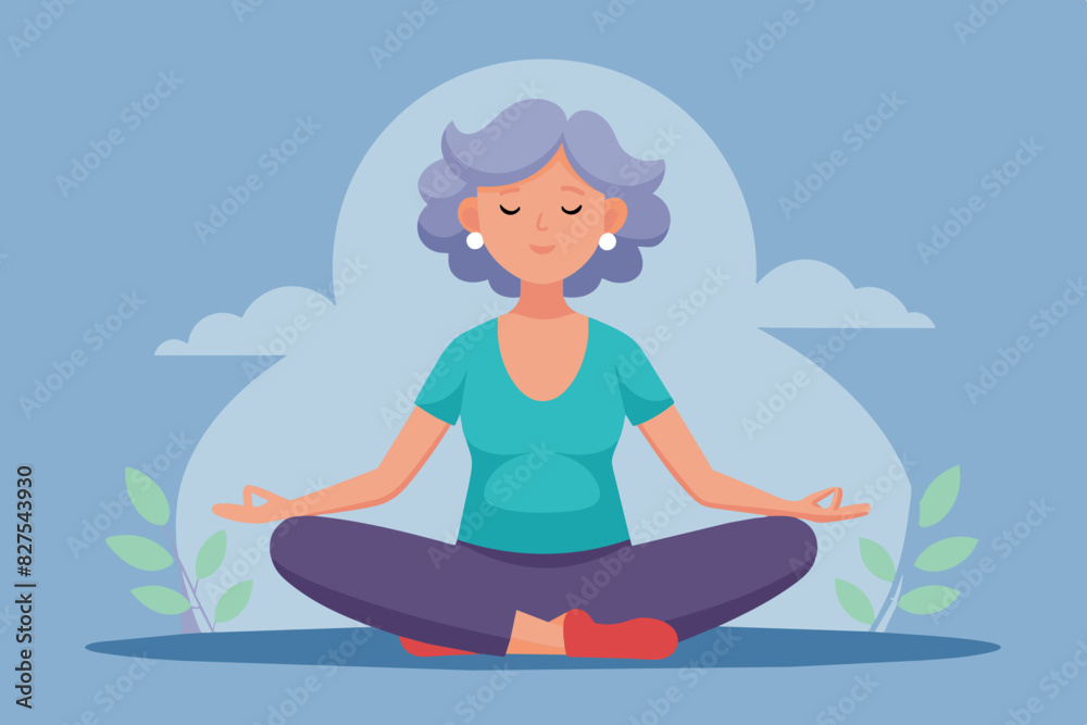 An elderly woman with gray hair meditates, promoting mental health and stress-free mindfulness