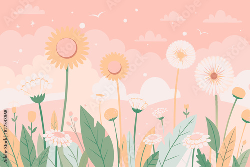 Abstract pink background with wildflowers, yellow dandelions and white inflorescences 