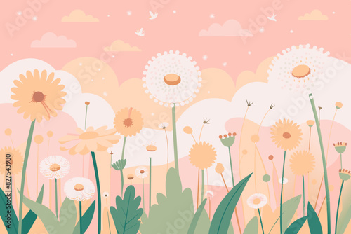 Abstract summer background with wildflowers, yellow dandelions and white inflorescences