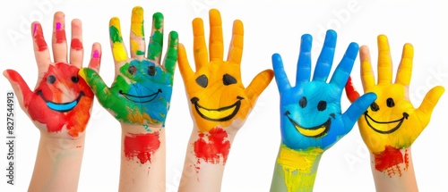 Colorful painted hands with smiling faces, showcasing creativity, fun, and art. Perfect for educational, artistic, and children-related themes.