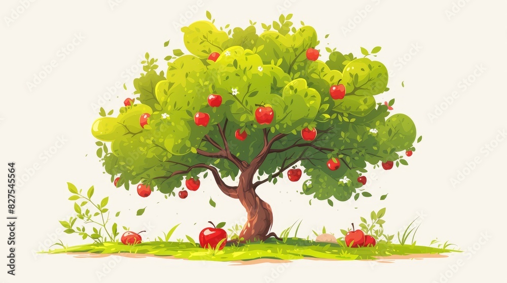 Fototapeta premium Illustration of an apple tree standing alone against a white backdrop embodying the essence of farming with lush fruits and vibrant red apples nearby This 2d image designed in a flat style i