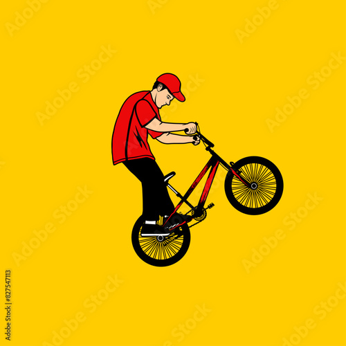 bmx bike freestyler lifts the front tire of his bike cartoon vector illustration