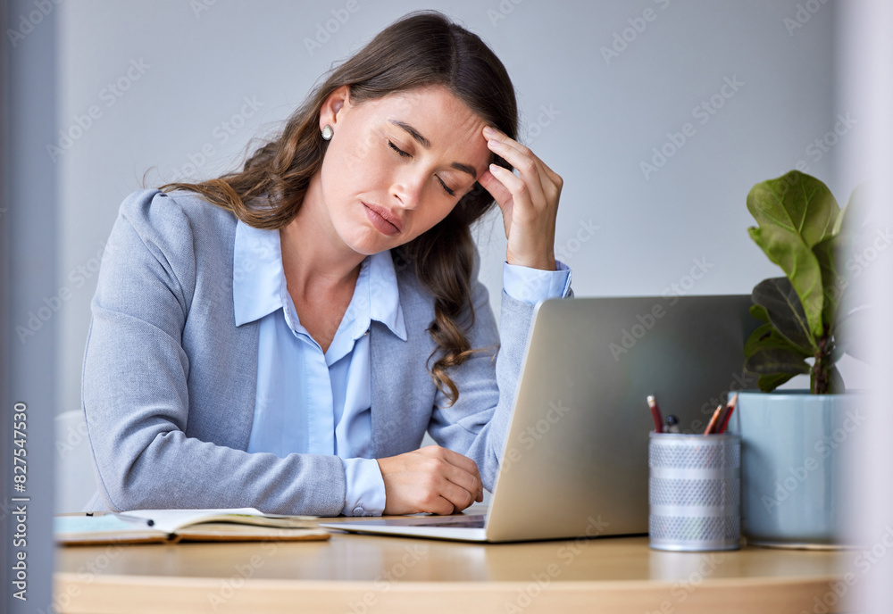 Laptop, tired and woman in office with headache for burnout, brain fog and fatigue for project mistake. Stress, computer and corporate girl with massage temple and frustrated for 404 internet glitch Laptop, tired and woman in office with headache for burnout, brain fog and fatigue for project mistake. Stress, computer and corporate girl with massage temple and frustrated for 404 internet glitch