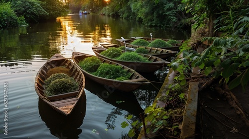 A serene riverside with Ayurvedic boats, laden with herbs, ready for processing into healing remedies. photo