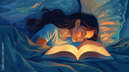 Woman Sleeping Peacefully in Bed at Night with Open Book

 photo