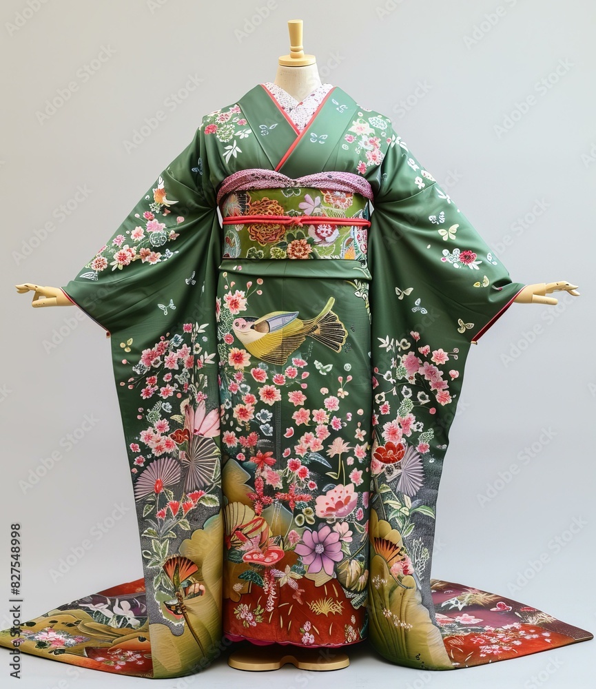 A woman wearing a green kimono with floral patterns A woman wearing a green kimono with floral patterns