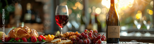 Photo realistic wine pairing with brunch concept   High resolution image of fresh brunch dishes paired with wine against a glossy backdrop showcasing vibrant flavors Photo Stock C photo