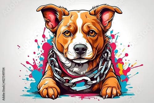 a dog wearing a metal chain backgronund of colour render for t-shirt.  photo