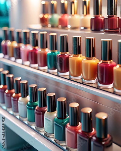 A captivating display of nail polish bottles in a cosmetics store. The stand, filled with a vibrant array of colors, offers a multitude of choices for beauty enthusiasts.