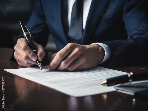 High-resolution image A businessman signs a contract, influenced by a bribe, at his desk
