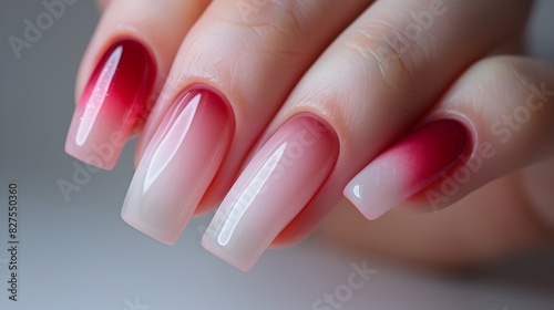 Elegant Ombre Nails Transitioning from Light Pink to Deep Red on Clean Background